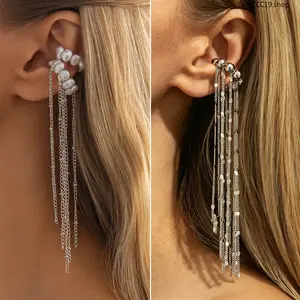 Women's 2-Pcs Silver Tassel Ear Cuffs Earrings Set - No Piercing, Pain-Free, Pearl Drop, Sequin Dangle, Cocktail Clip-On Earrings for Wedding, Party, Dangle Earrings