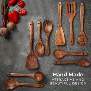 10-Piece Natural Teak Wood Kitchen Utensil Set, Durable Wooden Cooking Tools, Wooden Spatulas, Perfect for Mother's Day, Thanksgiving, Christmas