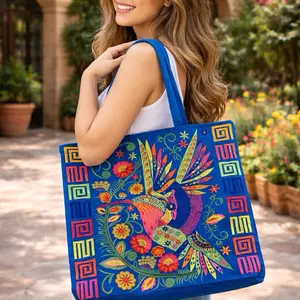 Embroidered Humming Bird Tote Bag - Blue with Colorful Patterns and Designs