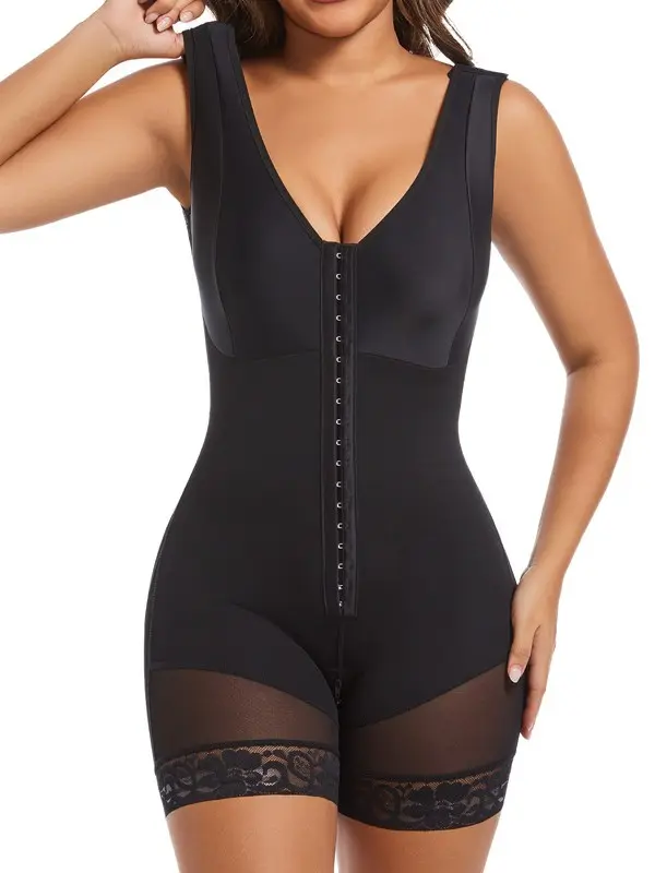 Women's V Neck Shapewear Bodysuit, Solid High Waisted Body Contouring Shaper with Tummy Control, Zip Up Crotch, Elastic Fit and Butt Lifter Lace Shapewear Bodysuits Corset Structure Shapewear