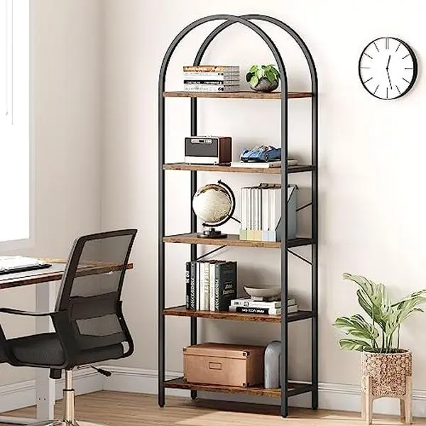 GARVEE Industrial Arch Bookcase - 5 Open Shelves - Sturdy Metal Frame - 180cm Height - Ideal for Living Room, Office - Black Frame with Vintage Wood Shelves