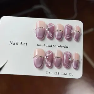 10pcs high-end Gentle and elegant style, purple fishtail shell cat's eye, sparkling pile diamond handmade French Tip Nails
