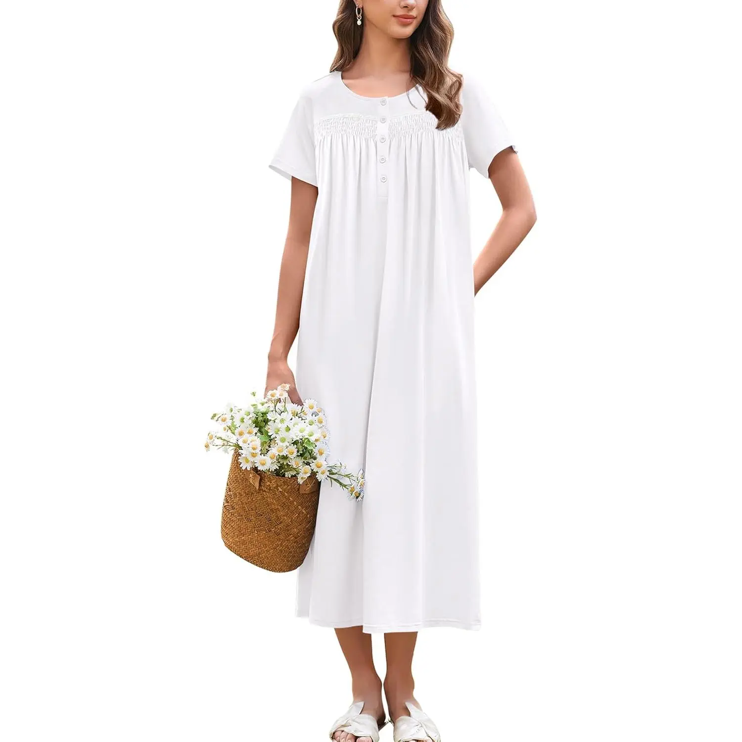 Cotton Nightgowns for Women Long Night Gown Short Sleeve Sleepdress Victorian Sleepwear Nightdress with Pockets
