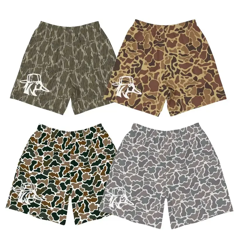 Duck Backwards Hat Men’s Camouflage Shorts, Hunting Camo Athletic Gym Shorts with Elastic Waistband, Lightweight Breathable Outdoor Running Shorts, Versatile Summer Wear, Gift for men