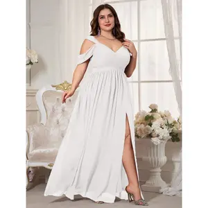 Elegant V-Neck Backless Ruched Waist Chiffon Dress, High-Slit Bridesmaid Gown, Solid Color Flowy A-Line, Perfect for Weddings