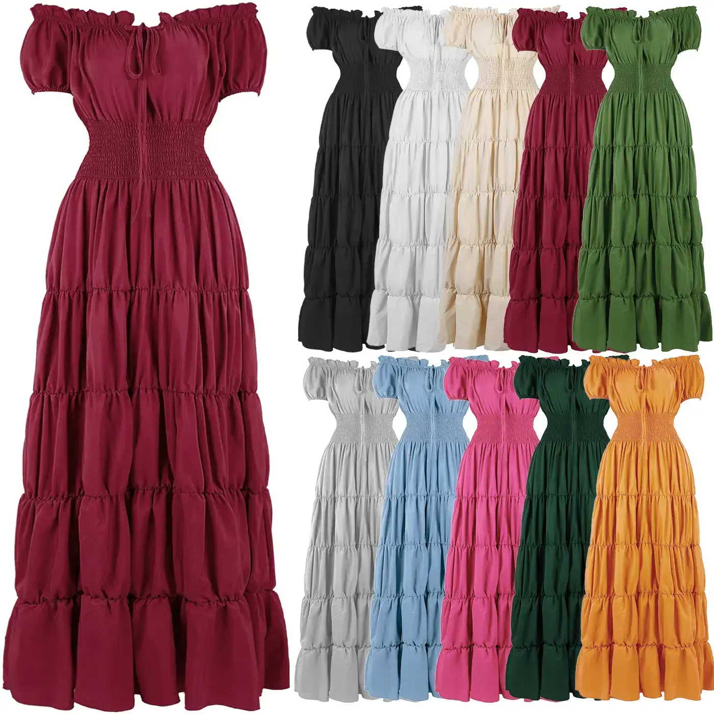 Renaissance Costume Women Medieval Irish Under Dress Retro Gown Wench Peasant Smocked Waist Long Dresses Halloween Costumes Girls Corset Dress