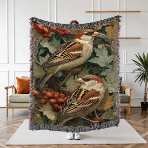 Vintage Bird Woven Blanket – Cottagecore Sparrow Throw, Nature Lover Gift, Cozy Aesthetic Home Decor