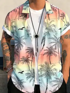 Unisex Gradient Palm Hawaiian Casual Graphic Shirt | Lightweight Breathable Rayon | Ombre Pastel Tropical Print | Summer Beach Vacation Button-Up | Y2K Retro Streetwear | Relaxed Fit | Gen Z Viral Resort Wear