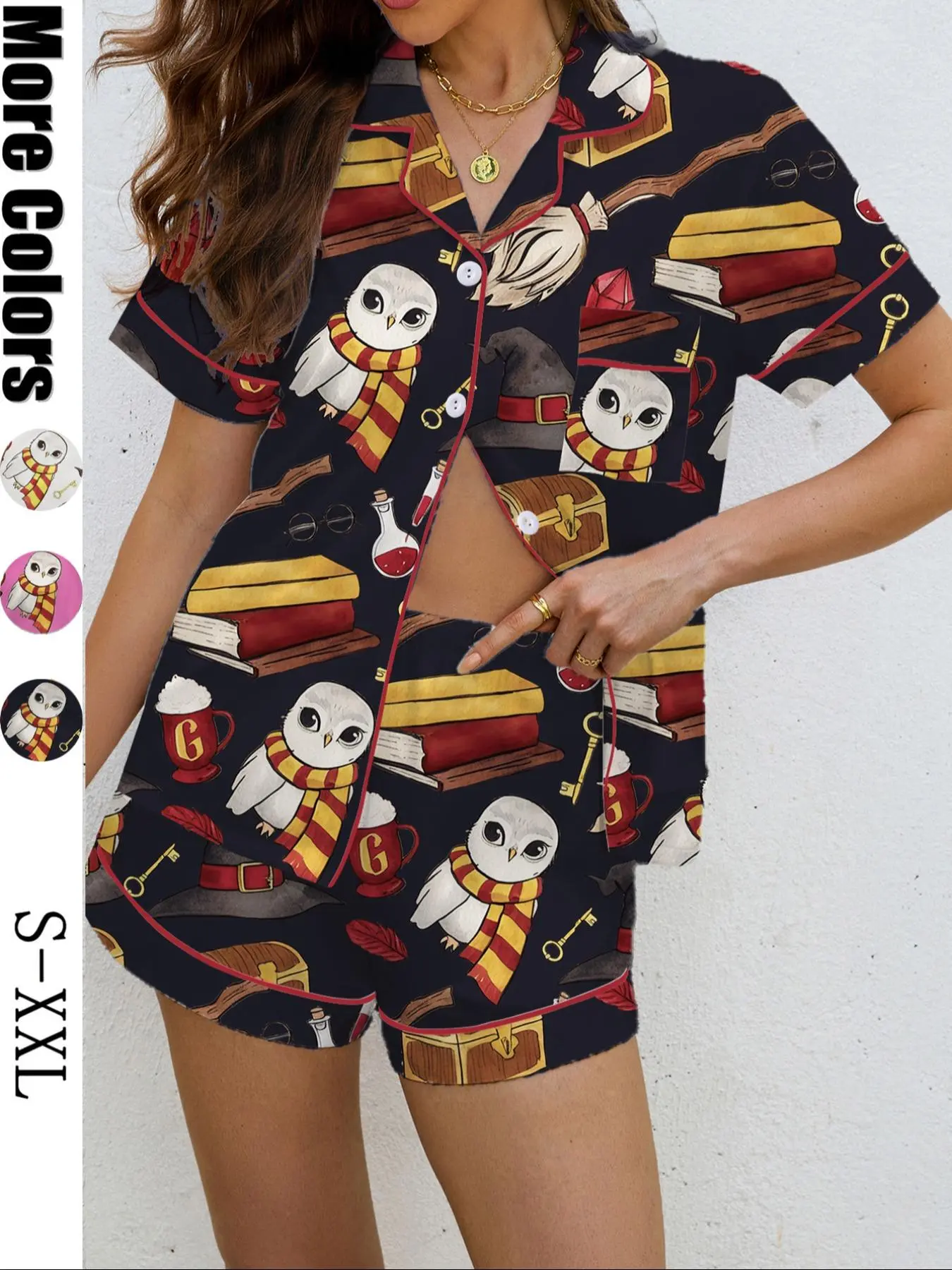Women's Owl Broom Magic Print Pajama Set, Casual Loose-Fit Sleepwear Loungewear, Soft Shirt Collar Top & Elastic Shorts, All-Over Print Design Pjs Collared, Pajama Nightwear, Loungewear Shorts Sets