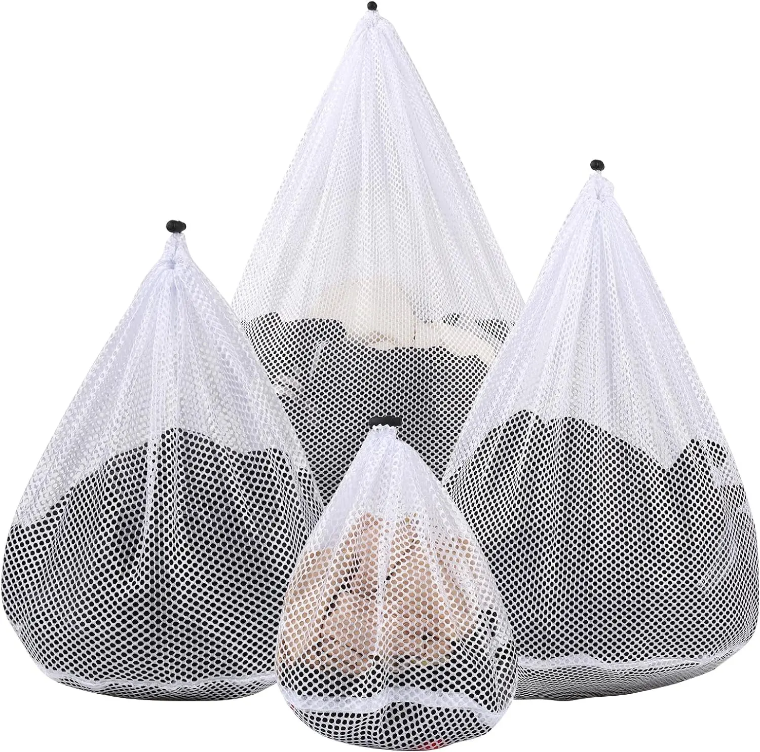 OKAKA 4-Piece Mesh Laundry Bags Pack - Heavy Duty Drawstring Closure Washing Bags, Laundry Room Accessories, Socks Organiser for College Dorms & Travel (4 Sizes, White)