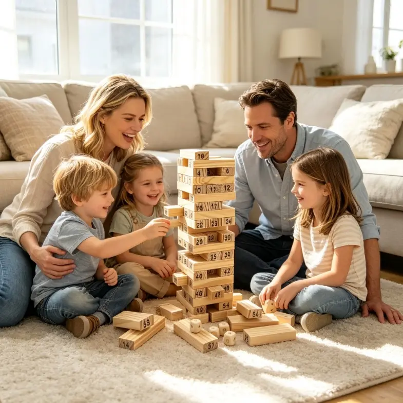 54Pcs Natural Wooden Number Tumbling Tower Game, Stacking Balance Building Blocks, Multi Sizes Available STEM Educational Wooden Toy, Indoor Family Party Interactive Board Game, Birthday Gift for Kids Adults 3+