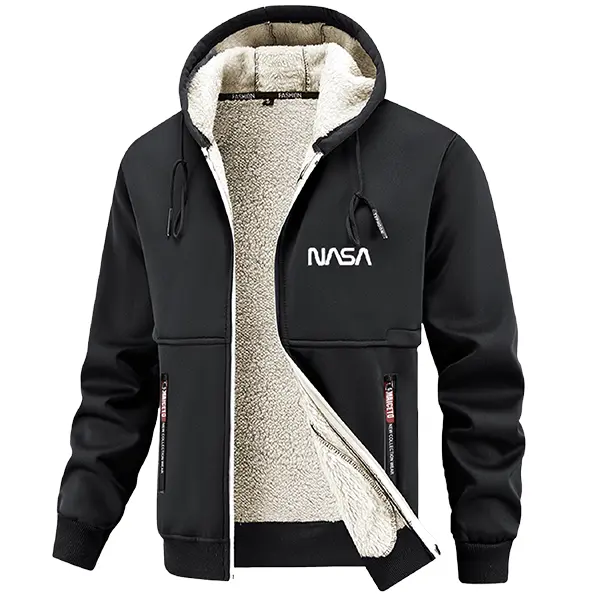 Men's Long-Sleeve Fitted Faux Shearling Zipper Sweatshirt Coat - Woven Casual Winter Menswear Tops, Black