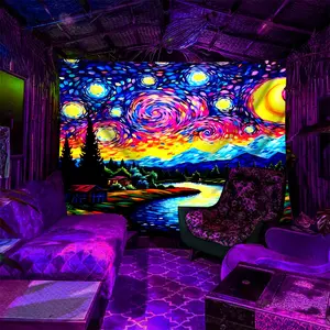 Van Gogh Style Psychedelic Starry Countryside Design UV Reactive Fluorescent Tapestry, Durable Decorative Tapestry, Glow-in-the-Dark Polyester Wall Decor for Bedroom, Party, Living Room, Multiple Sizes, Easy Clean, Soft & Durable, Perfect Gift for Art