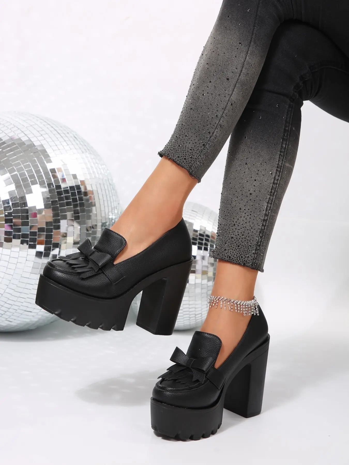 New Fashion Stylish Sexy Vintage British Style Thick Sole Ultra High Heel Single Shoe Chunky Heel Waterproof Platform Tassel High Heels Women Shoes