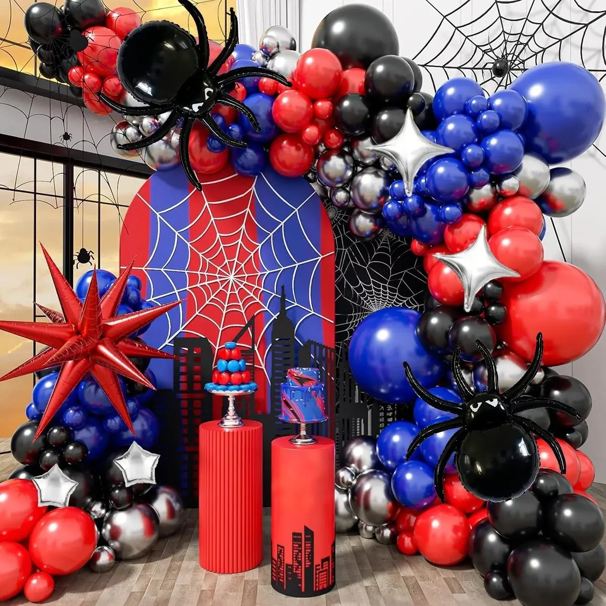 145pcs Spider Balloon Garland Set, Blue Balloons, Includes Balloon Glue Dots and Chains, Perfect for Kids Birthday Parties