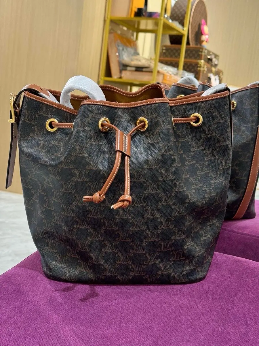 Pre-owned Celine Triomphe Canvas Large Drawstring Bucket Bag【2411731】