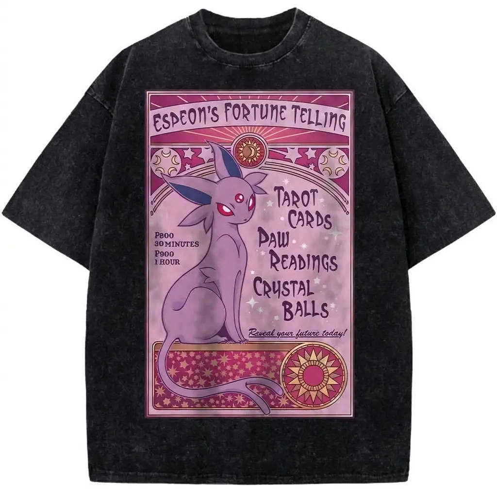 Espeon PKM Pocket Monsters Unisex Wash T-Shirt, Acid Wash Psychic Cat Tarot Anime Print Oversized Tee, Perfect Gift for Girlfriend
