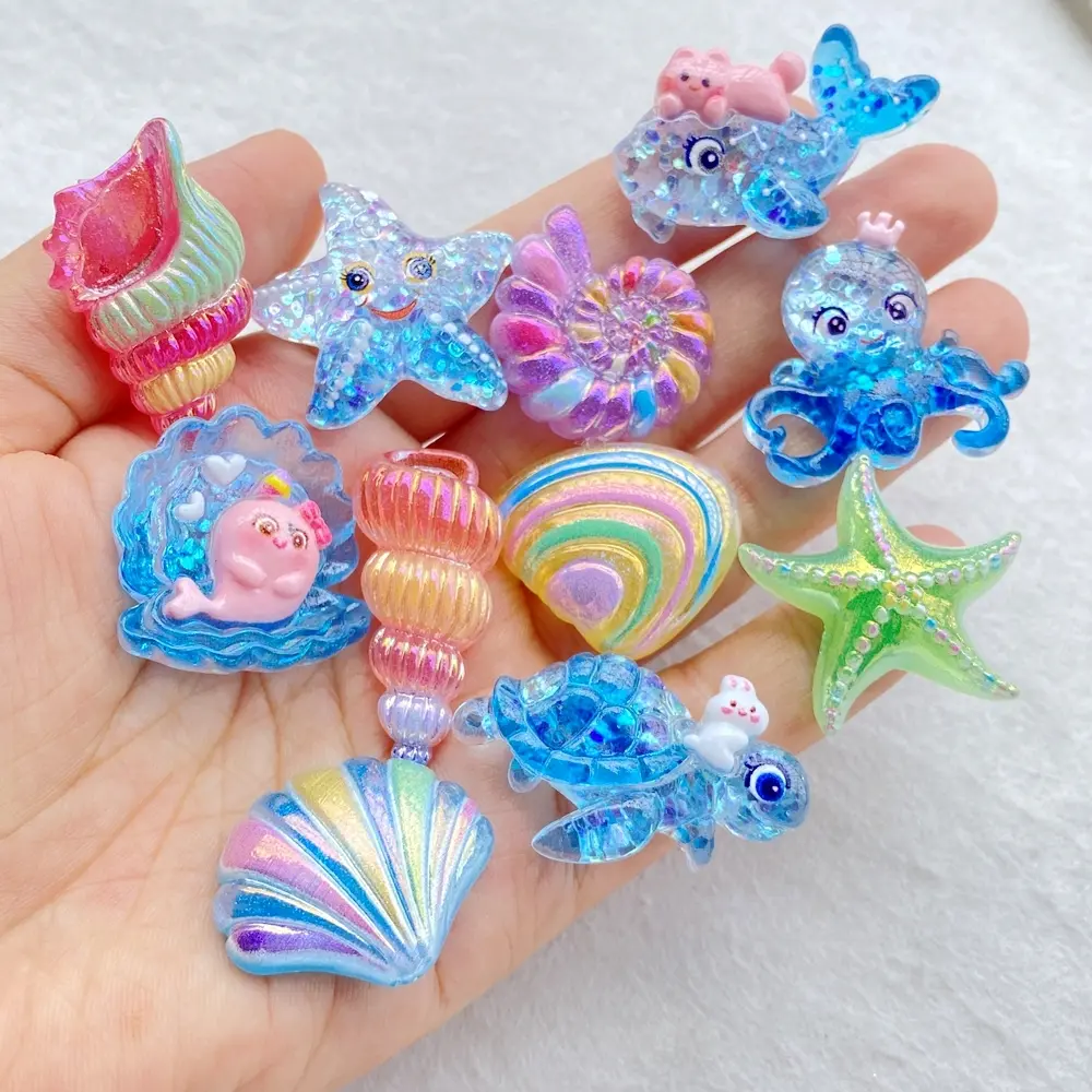 10pcs ocean themed resin sculptures - turtle, octopus, starfish, whale, mermaid shell sculptures for scrapbooks DIY, Wedding, jewelry, decorations, handicrafts, Art Charms, Marine life charm