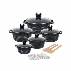 15 pcs Non-Stick Cookware Set with Lids Wooden Spoons and Oven Mitts for Easy Cooking