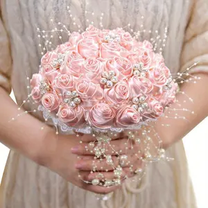 Bride's Wedding Bouquet and Rhinestone Art Bouquet Bride Bridesmaid Pearl Luxury Bouquets, Bridesmaids Holding Decor Party Flower Pink