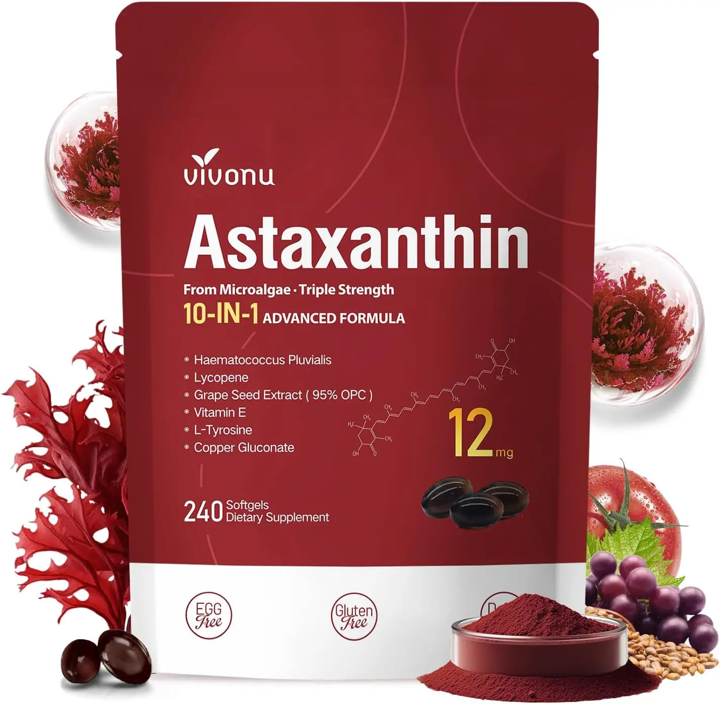 10 in 1 Astaxanthin 12mg Supplements, 4 Month Supply, Astaxantina Antioxidant from Fresh Haematococcus Pluvialis, Contains Lycopene, Grape Seed, Vitamin E, & More Supports Eye, Joints, Skin Health
