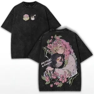 Obanai x Mitsuri Demon Slayer Retro Washed Anime Duo Tee, Snake & Love Hashira Graphic, Heavy Cotton Oversized Drop Shoulder Dress, Y2K Gothic Vintage Streetwear, Ideal for Concert, Halloween & Soulja Style