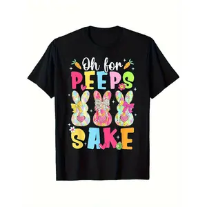 Funny "Oh for PEEPS SAKE" Easter Bunny T-Shirt - Unisex Adult Short Sleeve Round Neck Tee with Easter Egg Hunt Design & Slogan, Machine Washable Spring Party Outfits Suitable for Men & Women, Easter Egg Roll Games, Casual Wear, PLUS SIZE