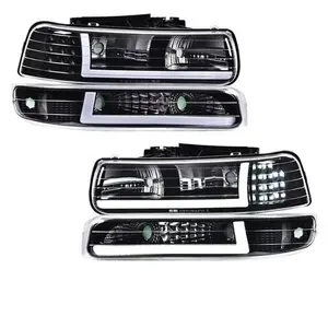 LED DRL Fit For 99-02 Chevy Silverado 1500 2500 HD Headlight+Bumper Lamps Black