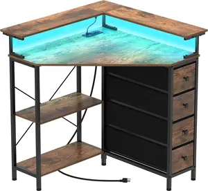 Corner Desk with Drawers Shelves for Small Space 90 Degrees Triangle Modern Computer Desk with Power Outlets LED Lights Monitor Stand for Home Office Brown