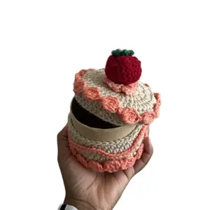 Crochet Strawberry Cake Jewelry Box and Holder Set