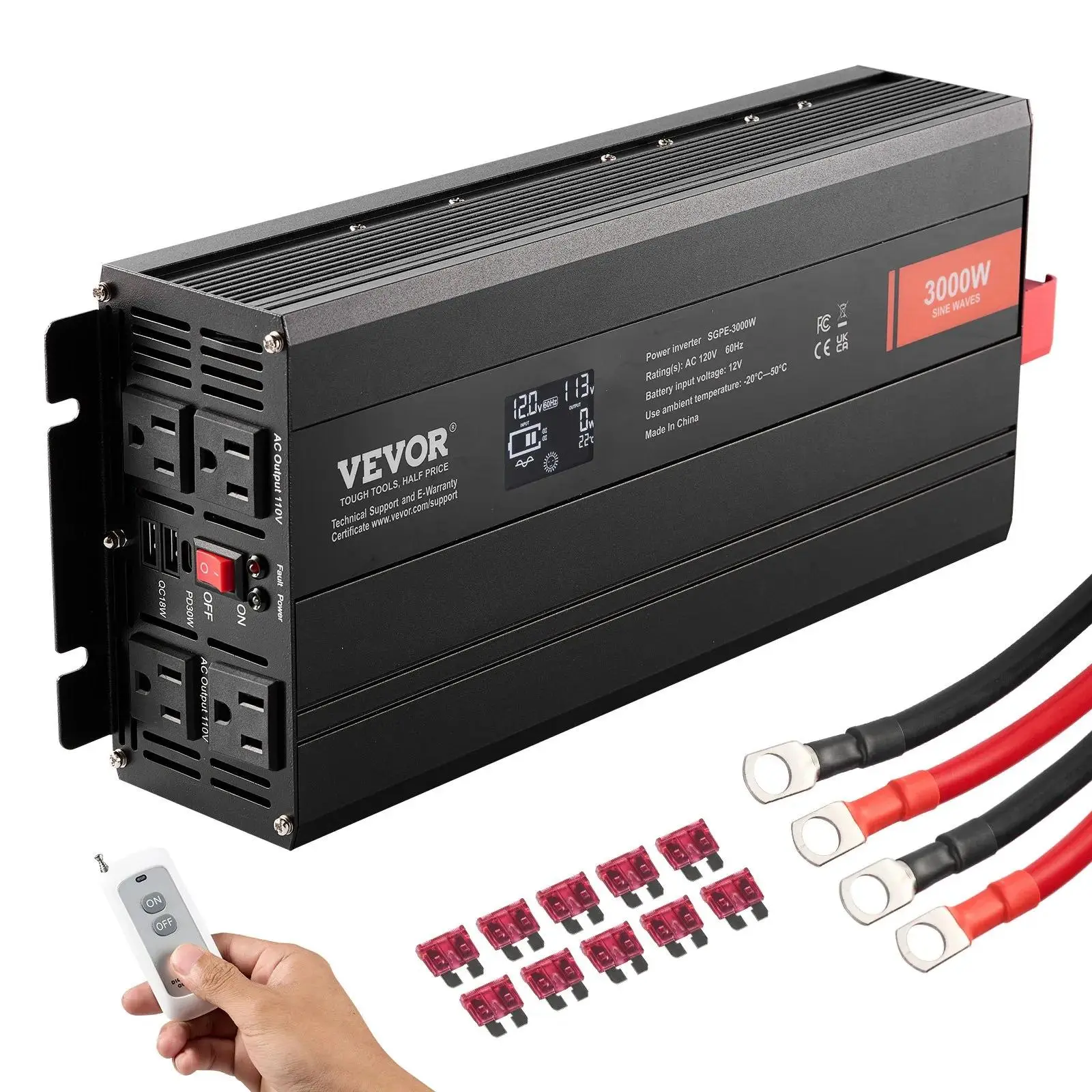 【Summerfinds】VEVOR Pure Sine Wave Inverter, 3000 Watt, DC 12V to AC 120V Power Inverter with 2 AC Outlets 2 USB Port 1 Type-C Port, LCD Display and Remote Controller for Large Home Appliances, CE FCC Certified