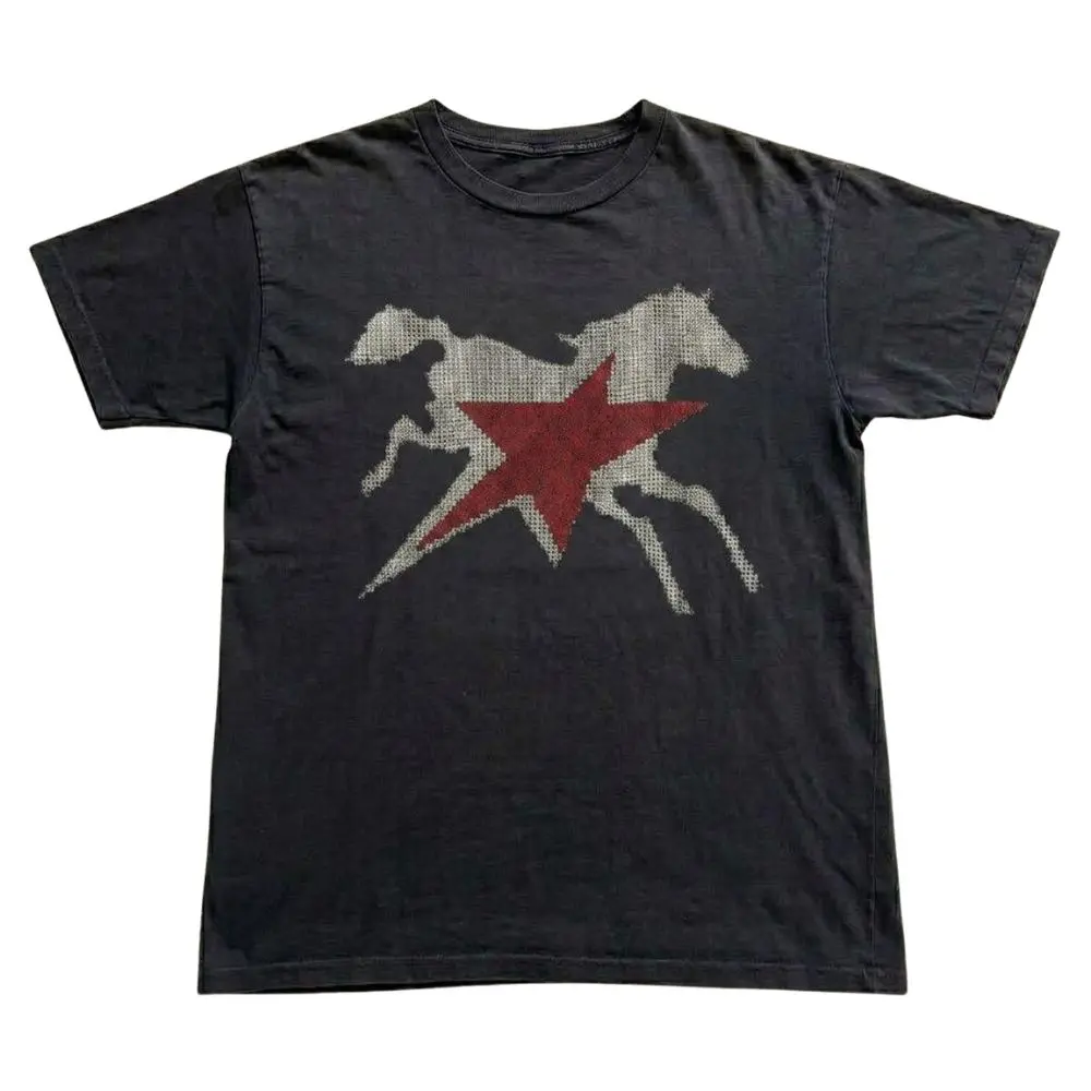 The Vintage Racing Horse Star Graphic T-Shirt, Retro Equestrian Tee, Distressed Black Horse Shirt, Vintage Streetwear Aesthetic Shirt, Y2K Shirt, Crew Neck Shirt, Gift For Men, Gifrt For Woman