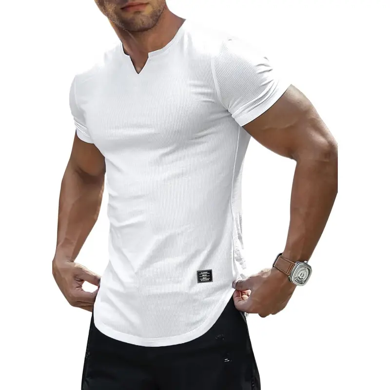 Men's Slim Fit Henley, Ribbed V-Neck Short-Sleeve Muscle T-Shirts, Athletic Gym Apparel for Fitness Exercise Wear, Fitness Shirt, Club, All Season, Fast Drying, Ribbed Texture