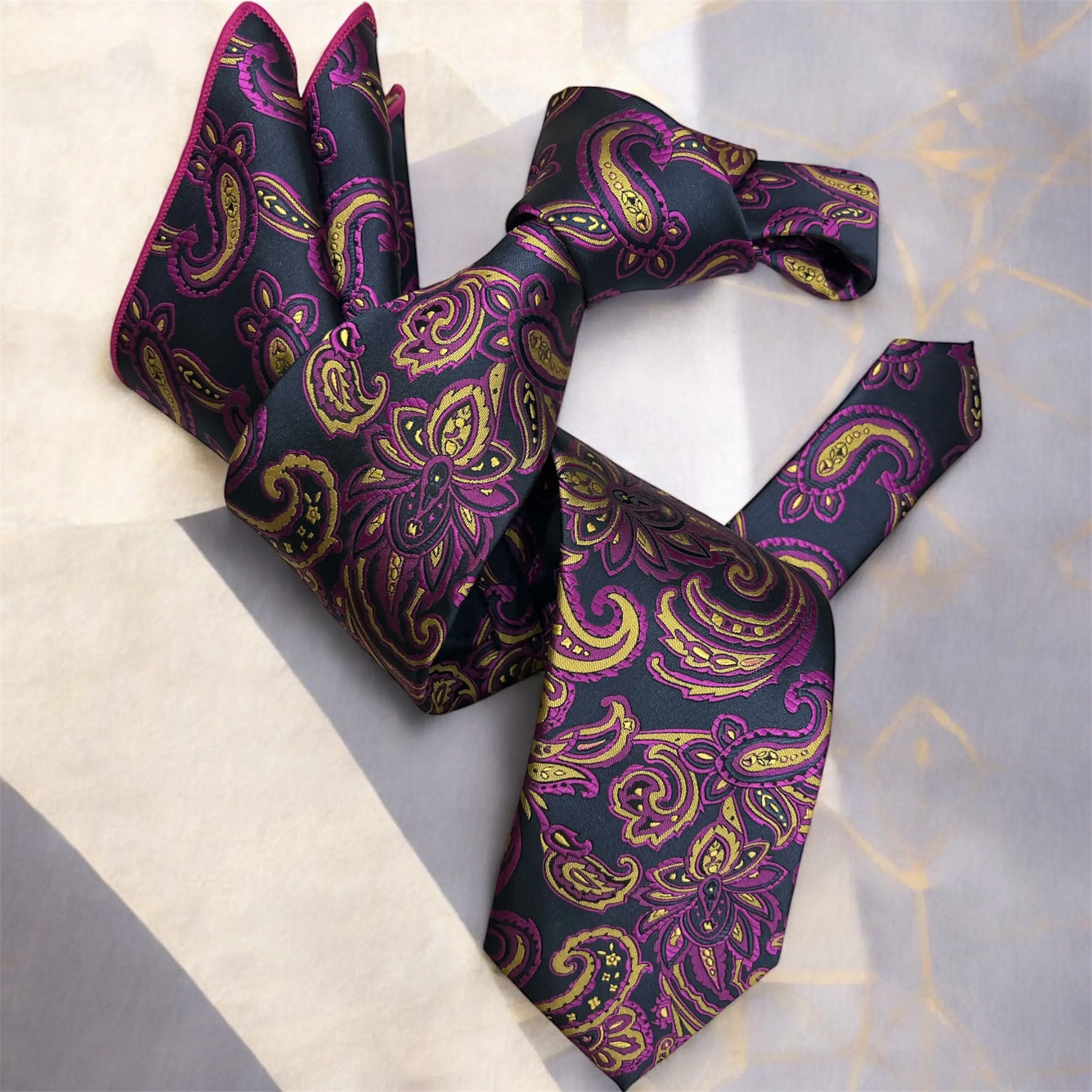 DMITRY 7-Fold Men's Fuchsia (2 in 1) Patterned Italian Silk Tie & Pocket Square Set (Limited Edition)