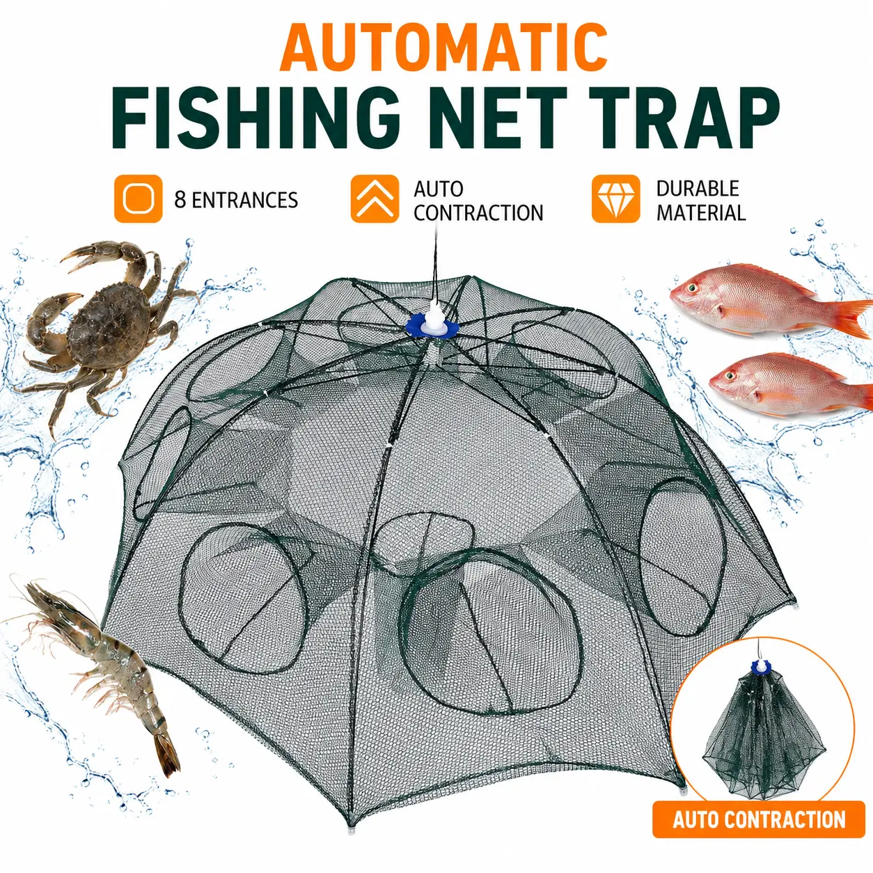 Foldable Fishing Bait Net Trap Crab Net Shrimp Minnow Crawdad Fish Cast Dip Cage Mesh Automatic Contraction
