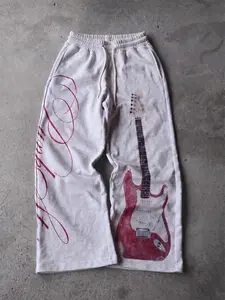 American Vintage Guitar Print Sweatpants, Electric Guitar Pattern, Side Handwriting Decoration, Elastic Drawstring Waist, Street Music Style, Graphic