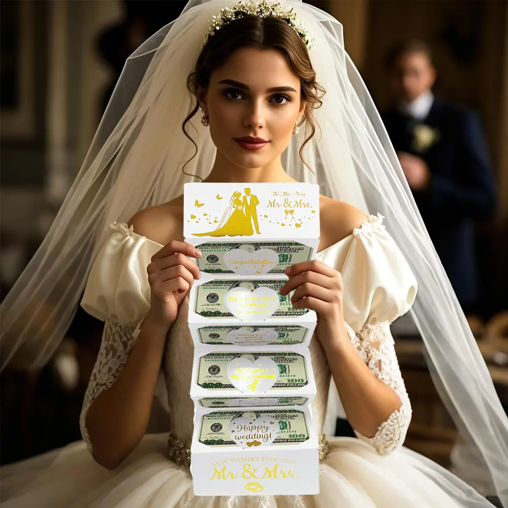1pcs Wedding Congratulations Card for Bride and Groom, Wedding Money Holder with 6 Cash Slots, Perfect Cash Gift Card for Newlyweds, Greeting Card, Custom Message Card, Wedding Cards Congratulations