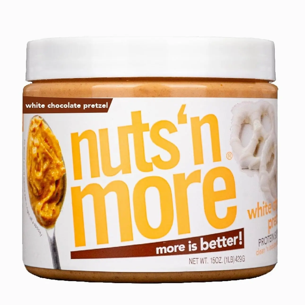 Nuts ‘N More White Chocolate Pretzel Peanut Butter Spread - High Protein, Low Carb, Low Sugar, Gluten Free, Non-GMO, All-Natural Nut Butter Snack (15oz Jar)