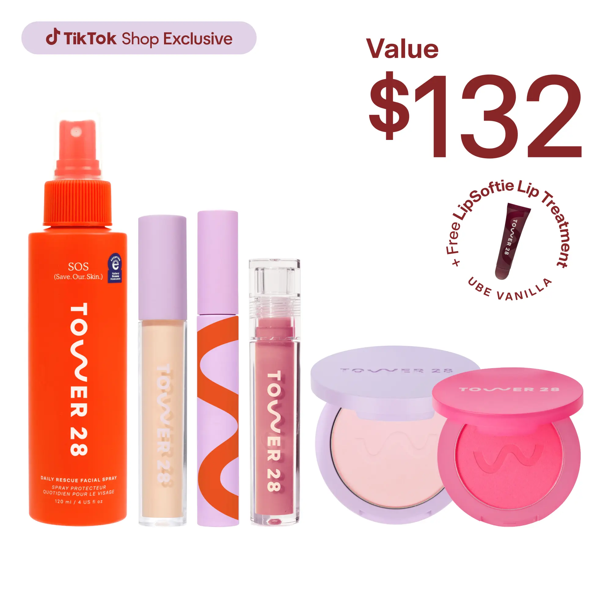 Tower 28 Full Routine 7-Piece Set: SOS Spray, Concealer, Setting Powder, Lip Oil, Blush, Mascara & FREE Makeup Bag