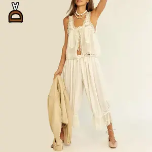 Women Summer Boho Lace Tie Front Tank Beach Vacation Outfits Boho Lace Top and Pants Matching Sets Clothes Sleeveless Casual Breathable