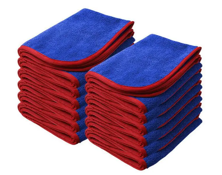 Power Shine Microfiber Towels, 12 Pack – 16" x 24", Blue with Red Silk Edge, 380 GSM