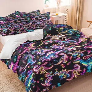 Neon Dinosaur Cyberpunk Duvet Cover Set & 1-2 Pillowcases No Core, Fluorescent Gradient Neon Line Art Style Dinosaur & Retro Fern Elements, Soft Skin-Friendly, Psychedelic Vibrant Bedroom Decor Gift Choice