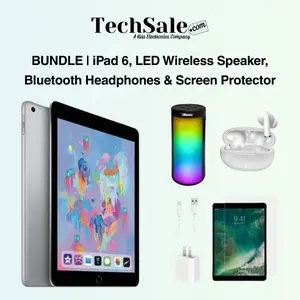 Refurbished Apple iPad 6 9.7" Space Gray Wifi Bundle: LED Wireless Speaker, Bluetooth Headphones, & Screen Protector (1 Year Warranty) Excellent Condition