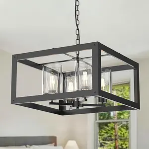 4-Light Black Chandelier Light Fixture, 19" Farmhouse Modern Glass Shade Pendant Lamp for Dining Room Kitchen Island Living Room