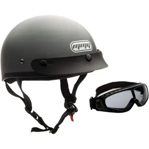 Retro Style DOT-Certified Half-Face Motorcycle Helmet - Impact Safe, Modern Safety Features, Matte Gray, XL Size (55-61 cm), Adjustable Straps, Removable Visor, Included Goggles, Enhanced Visibility