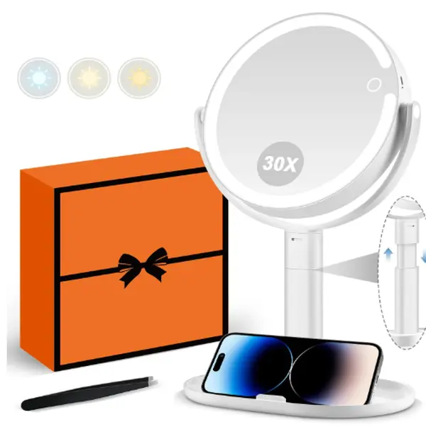 LED Luminous Compact Mirror - 30X Magnifier, 3 RGB Color Modes, 80 LEDs, Touch Switch, Height-Adjustable Dresser Desk Mirror with Adjustable Features, Adjustable Compact Mirrors