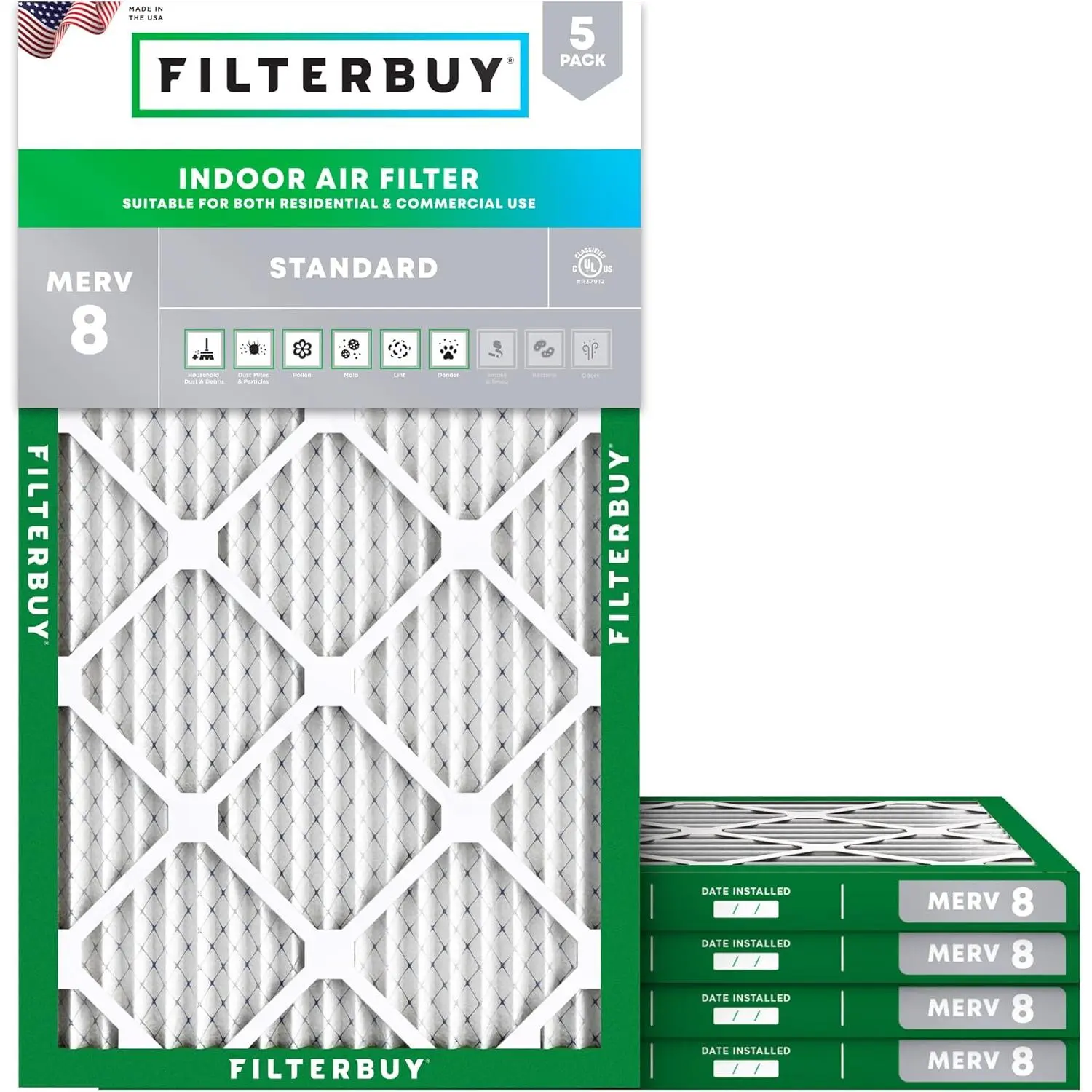 Filterbuy 14x24x1 HVAC AC Furnace Replacement Air Filter (5-Pack), Pleated MERV 8 Dust Defense (Actual Size: 13.38x23.38x0.75 In)