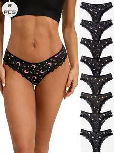 8-Pack Women's Underwear Set Panties, Star Moon Print Floral Design, Comfortable Breathable High Stretch, Sexy Cute Ladies Lingerie, Stretchy Panties, Breathable Panty