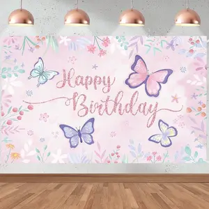 Butterfly Theme Birthday Background, Vinyl Anniversary Party Decor, Photo Prop, Multi-Purpose Princess Birthday Backdrop
