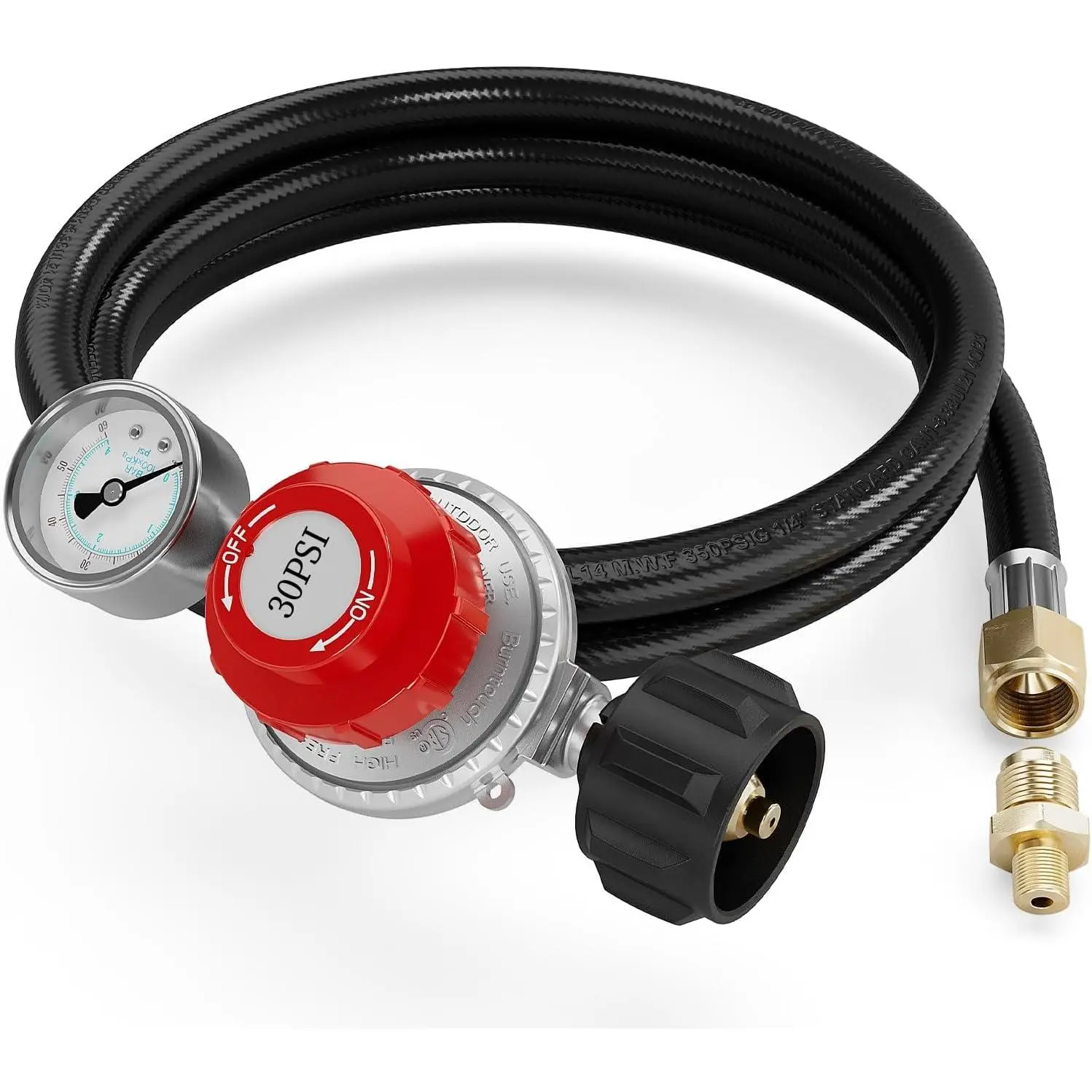 6FT Premium Material Adjustable High Pressure Propane Regulator with QCC1/Type1 Inlet, 0-30 PSI Precision Adjustable Output, 0-60 PSI Galvanized Steel Gauge, Overflow-Safe Hose, 3/8 Female Flare Fitting Outlet for LP Gas Cookers, Turkey Fryers